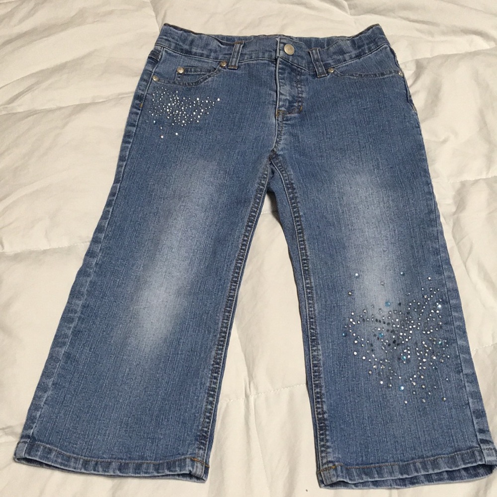 Denim jeans Girls size 7 sparkly pedal pushers capri back to school Fall EUC